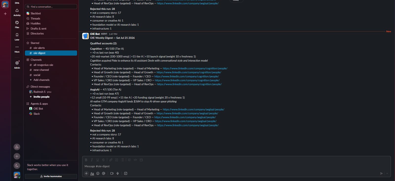 The operator digest in Slack. Qualified accounts with their signals, rejected accounts with the reason, and the contacts to look at next.